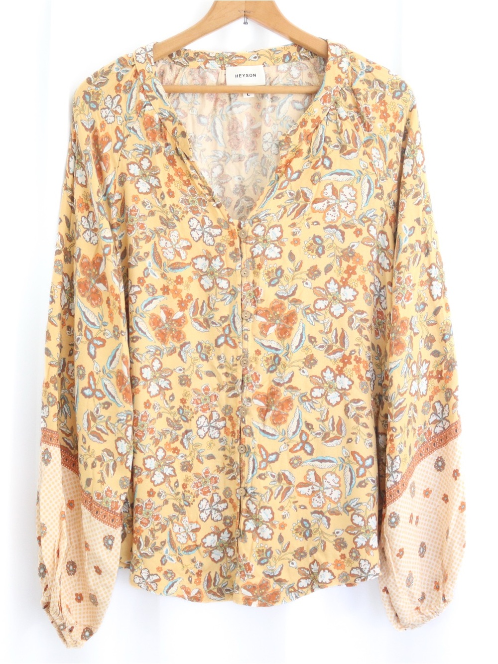 Heyson | Boho Western Flowy Floral Balloon Sleeve Mustard Tunic Peasant Blouse